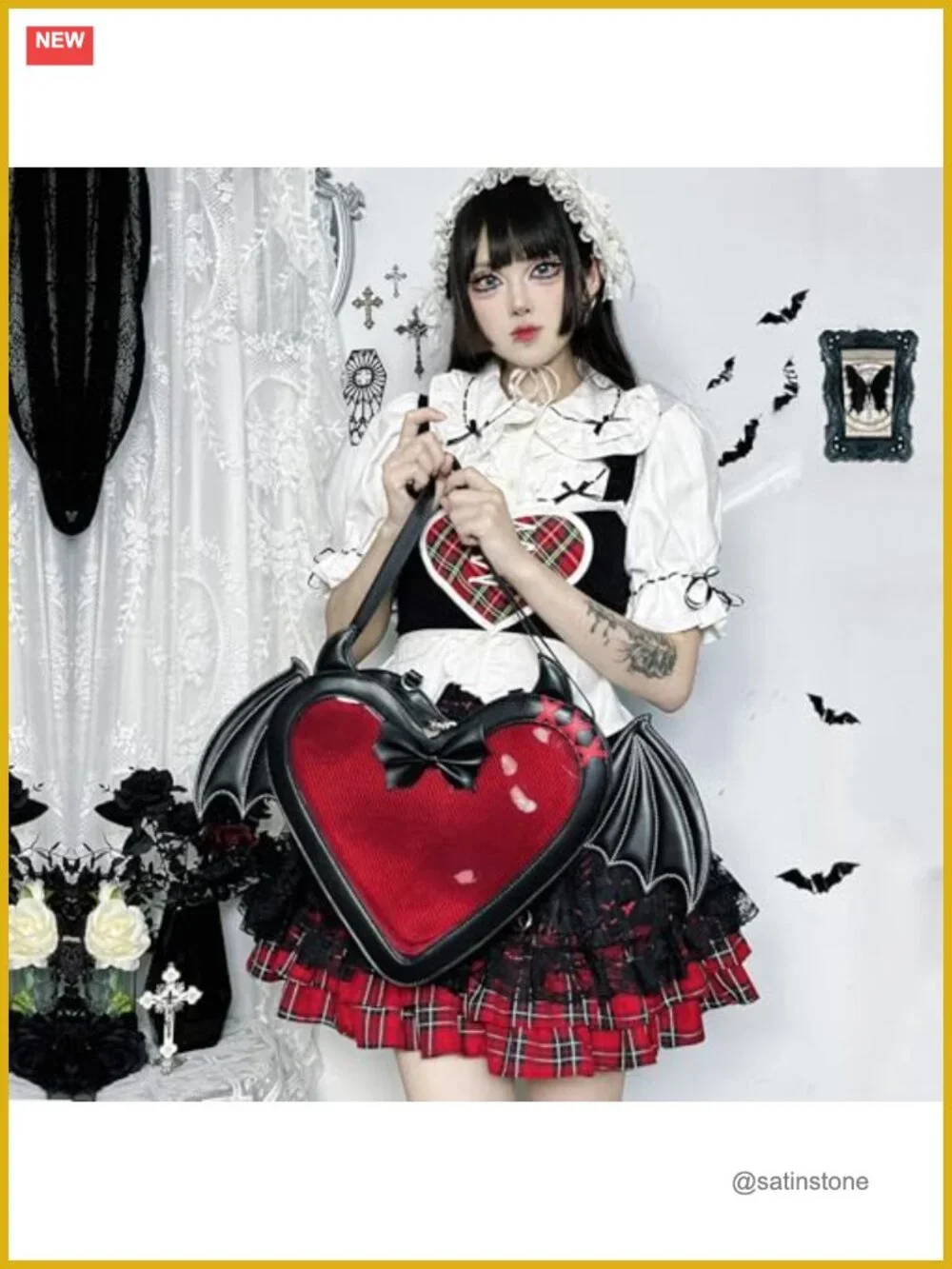 Gothic Heart Bat Wing Backpack Convertible Shoulder Bag Clear Window Display